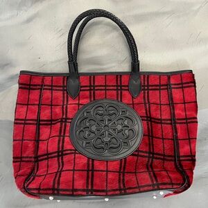 Brighton Red and Black Plaid Tote with Decorative Medallion
